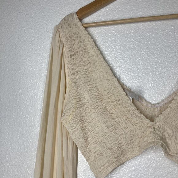 Indah Biru Crop Top Womens M Beige Smocked Sheer Balloon Sleeve Boho - Picture 7 of 16